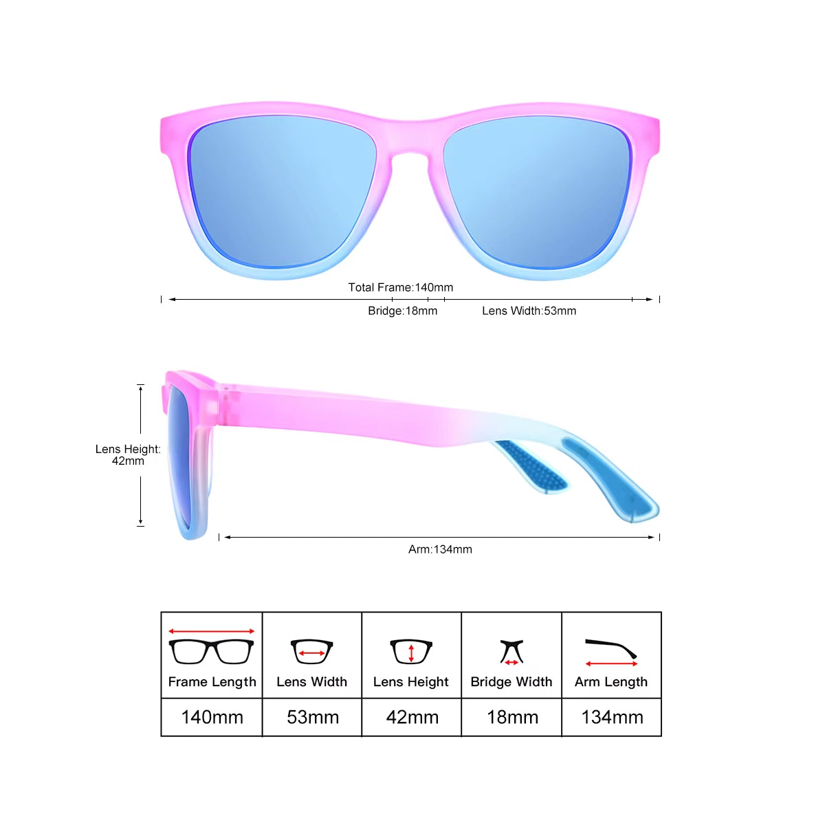 Ollo Sunglasses with measurements on a white background