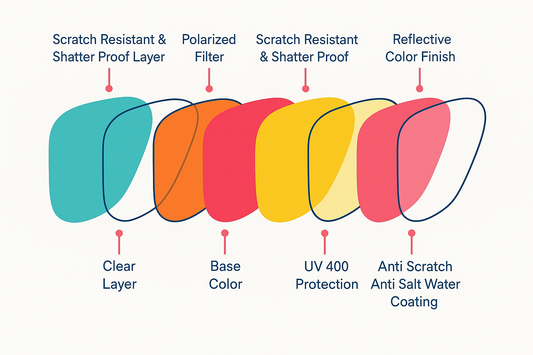 Illustrated breakdown of Ollo Prime Lens Technology showing five protective layers in vibrant colors: clear scratch-resistant shatterproof layer, polarized filter, UV400 protection, base color, and reflective anti-scratch saltwater-resistant coating for durable polarized sunglasses.
