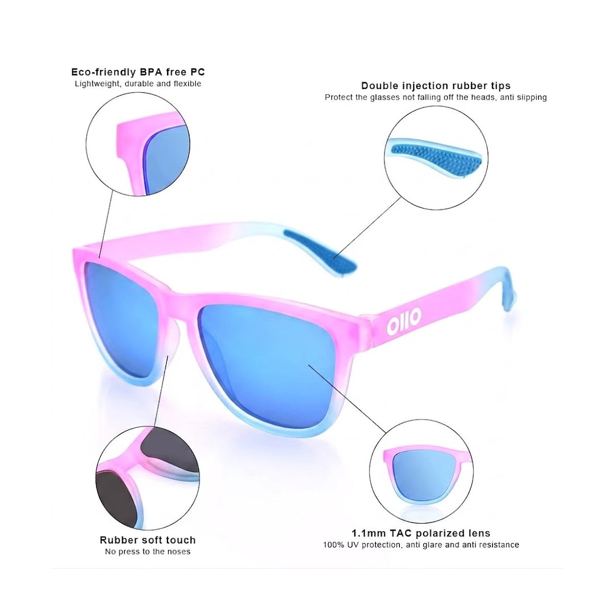OllO pink and blue sports UV400 Polarized running sunglasses with polarized blue lenses, lightweight BPA-free frame, soft rubber nose pads, and anti-slip arm tips for secure all-day wear