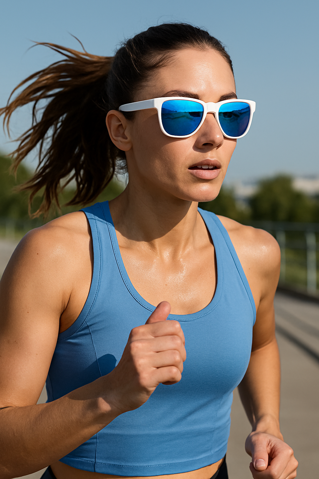 Ollo Clásico Glacier Blue sunglasses with UV400 polarised lenses and an icy light blue frame. Designed for running and cycling, these sunglasses are lightweight, durable, with a non-slip fit, giving crisp vision, comfort, and style for trail, road or beach days.